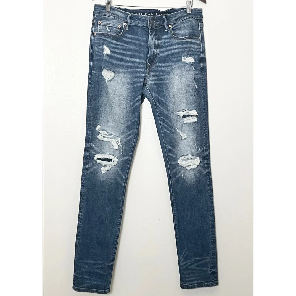 American Eagle Jeans Mens 34x36 Slim Distressed Blue Airflex+ Ripped Denim Tall
